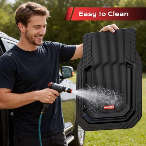 Image of Coverado Car Floor Mats, Waterproof Universal Heavy-Duty Floor Mats for Cars, All Weather Protection, Deep Dish Car Mats, Trim to Fit for Cars SUV Truck, Vans, Sedan 3pcs (Solid Black)