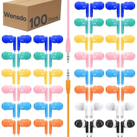 Wensdo 100 Packs Earbuds Bulk Classroom Headphones, Individually Bagged, Wholesale Students Wired Earphones with 3.5 mm Jack for Classroom School Library Museums and More (HY01,100 Mixed) Cover