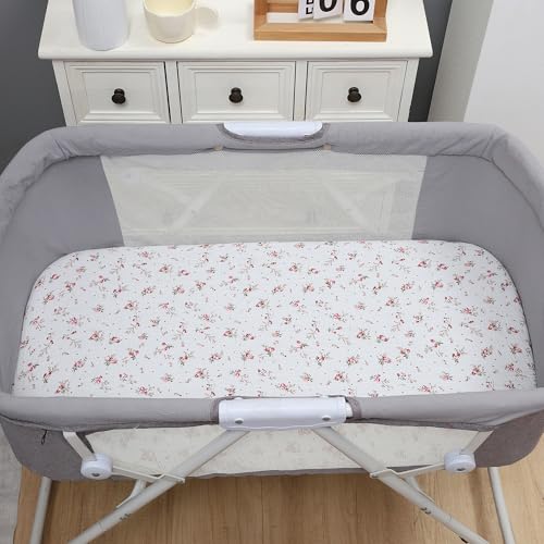 Image of Onacosht Muslin Bassinet Sheets 33 inchx19 inch, 3 Pack 100% Cotton, Pink & Floral | Compatible with Mika Micky, KoolaBaby 3-in-1, Baby Delight & Dream on Me Rectangle Bedside Mattress, baby girl, 100% Cotton