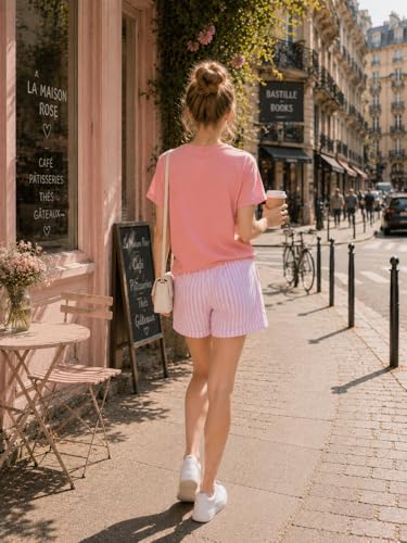 Image of Teen Girls Clothes 2 Piece Graphic T Shirt & Striped Shorts Outfit Set Summer Back to School Clothes Size 7-14