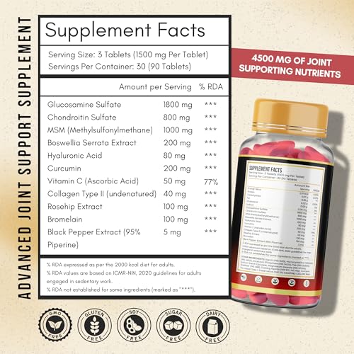 Image of Glucosamine Chondroitin MSM Tablets | 4500mg | 11 Actives Joint Support Supplement : Collagen Type II, Hyaluronic Acid & Boswellia | Knee Mobility, Cartilage & Joint Health | 270 Tablets (90 Days)
