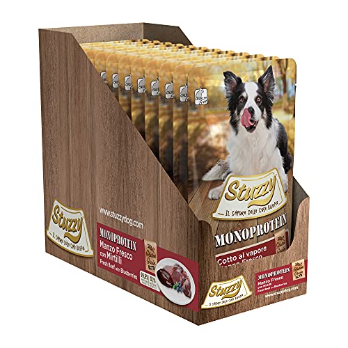 Stuzzy, Monoprotein Grain & Gluten Free, Nassfutter für Erwachsene Hunde mit frischem Rindfleisch und Blaubeeren, zubereitet in Pastete - insgesamt 1,8 kg (12 Beutel à 150 g)