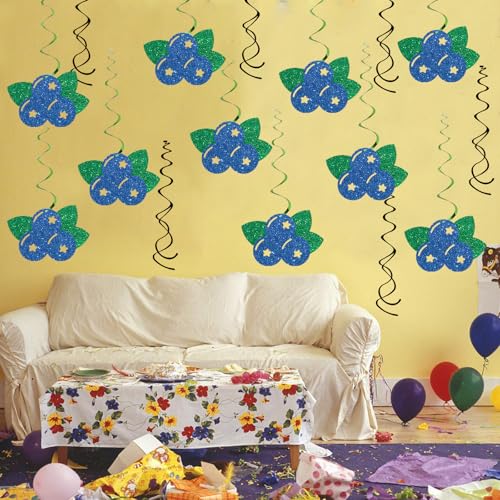 Image of Blueberry Hanging Swirl Decoration - Glitter 16 Pcs Berry Baby Shower Party Supplies - 1st Birthday Party - Engagement Wedding Streamers - Fruit Blueberry Party Foil Swirls Ceiling Decorations