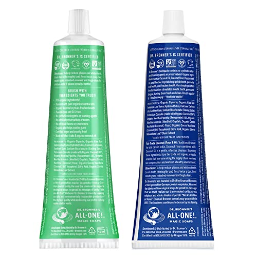 Image of Dr. Bronner's All-One Toothpaste- Peppermint & Spearmint, 5 oz, 2-Pack- Fluoride-Free Toothpaste for Adults, 70% Organic & Natural Ingredients, Vegan, Helps Freshen Breath, Reduce Plaque, Whiten Teeth