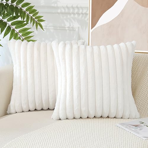 JOTOM Set of 2 Double-Sided Faux Fur Plush Cushion Covers 45x45 cm Soft Striped Decorative Throw Pillow Covers Square Cushion Case Home Decor Pillow Cases for Couch Sofa Bed 18x18 Inch (Cream White) - Image 2