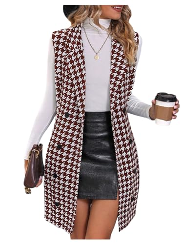 SOLY HUX Women's Plaid Houndstooth Print Blazer Long Vest Top