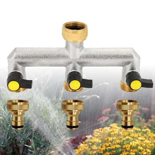 HAMON Distributore d'Acqua a 3 Vie, Sdoppiatore Rubinetto Giardino 3 Vie in Ottone, Distributore Acqua 3 Vie 3/4' con Valvole Individuali, per Irrigazione Giardino