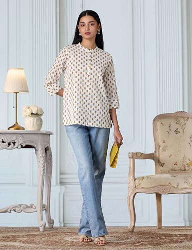 Image of Amazon Brand - Myx Women's Screen Print Straight Printed Regular Cotton Short Kurti (Available in Plus Sizes)