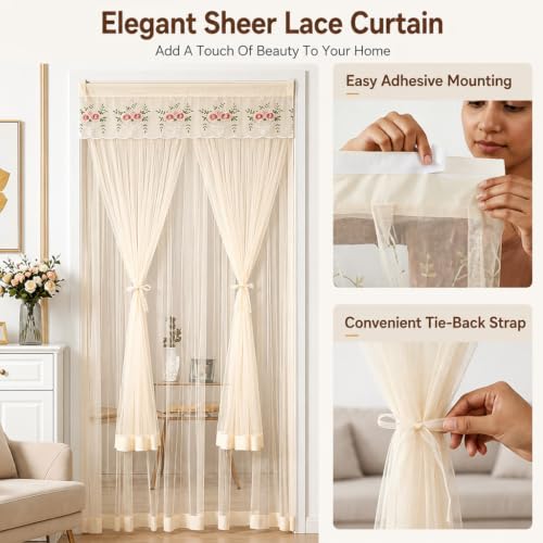Image of HASTHIP Lace Door Curtain Double Layer Sheer Privacy for Doorway | Mesh lace fabric with easy tape installation filters soft light keeps mosquitoes out
