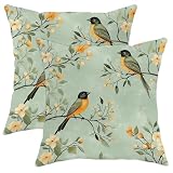 GDHBLING Rustic Baltimore Oriole Throw Pillow Covers 16x16 Set of 2, Soft Vintage Floral Flower Pillow Cases Kit with Zipper, Bird Velvet Decor for Couch Sofa Living Room Bed