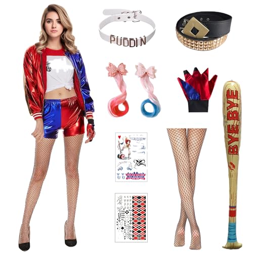 Metaparty Quinn Cosplay Kostüme Kinder Damen Halloween Kostüm Superheld Cosplay Kostüm Kit enthalten Handschuhe Jacke T-shirt Shorts Halskette für...