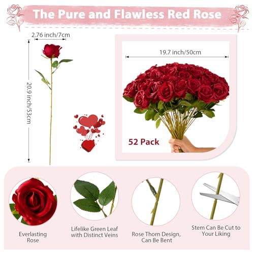 Red Roses Artificial Flowers Bulk, 52Pcs Fake Roses Flower Arrangement, DIY Silk Flowers Roses Bouquet, Realistic Faux Artificial Roses for Mother's Day Home Table Decor - Image 4