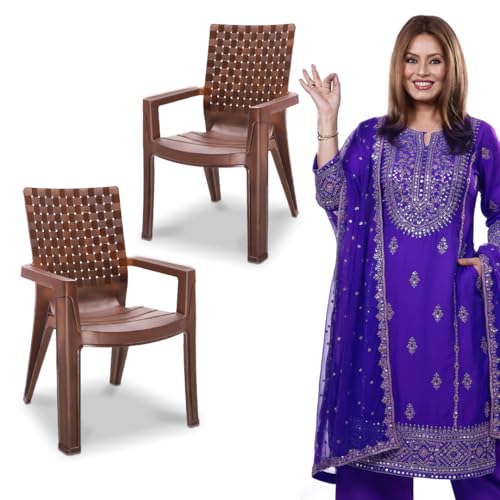 Image of MAHARAJA Heavy Duty Plastic Chairs for Home & Office | Comfortable | Arm Rest | 200Kg Capacity (Teakwood, Pack of 2)