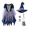 CNNBYYDS Deguisement Halloween Fille Robe Sorciere Costume Halloween Enfant, Kit Robe avec Chapeau, Baguette Magique, Sac à Main, pour Carnaval, Déguisement Sorcière Fille, 3-15 Ans