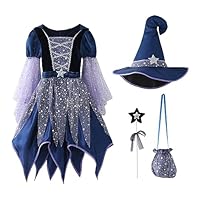 CNNBYYDS Deguisement Halloween Fille Robe Sorciere Costume Halloween Enfant, Kit Robe avec Chapeau, Baguette Magique, Sac à Main, pour Carnaval, Déguisement Sorcière Fille, 3-15 Ans