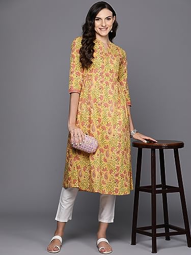Image of INDO ERA Women's Cotton Regular Fit Floral Printed A-Line Kurta (23ERE3876)