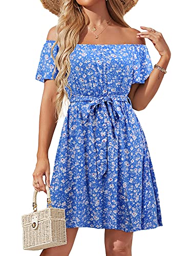 Image of Off Shoulder Ruffle Dress for Women, A-Line Mini Dress with Belt, Fitted Bust Summer Wedding Guest Dress