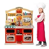 🥘【Mehrere realistische Funktionen】 Kinderküche mit 2 simulierten Kochfeldern mit realistischen Lichteffekten, Dampf und Kochfunktionen. Die Haube hat Lichter, Sound und Musik. Für die Lichter und Töne werden 9 x 1,5 V AA-Batterien benötigt (nicht enthalten). Außerdem gibt es einen Wasserhahn und ein Spülbecken