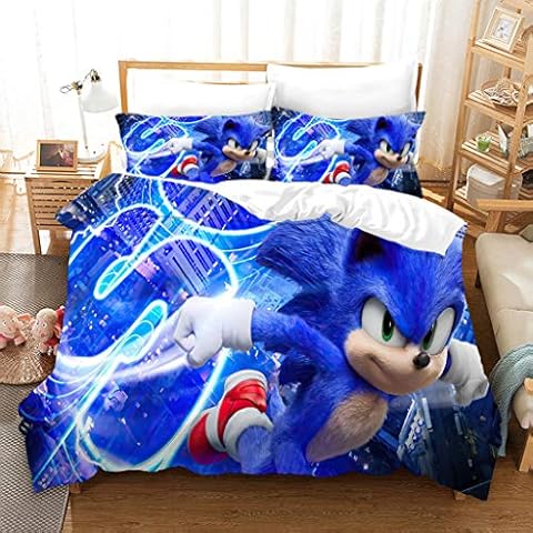PTNQAZ Kids Duvet Cover Set 3D Printed Sonic Anime Bedding Set With Pillowcase For Boys Teen Soft Children Quilt Cover Bed Linens Single Size 135*200cm 2 Piece (Single) Cover