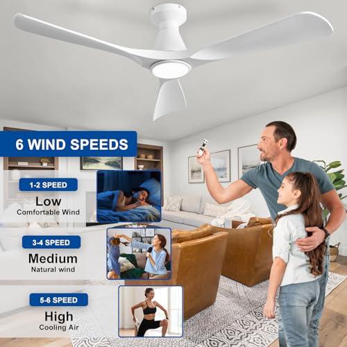 Image of Depuley 52-Inch Ceiling Fans with Lights: White 3 Blade Flush Mount Low Profile Ceiling Fan for Bedroom - Dimmable Indoor Outdoor Fan with Remote Control Ultra Quiet DC Motor Timer