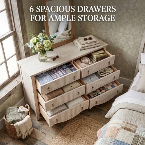 Image of 6-Drawer Fluted Dresser, 52 inch Wide Double Chest of Drawers,Nature Oak