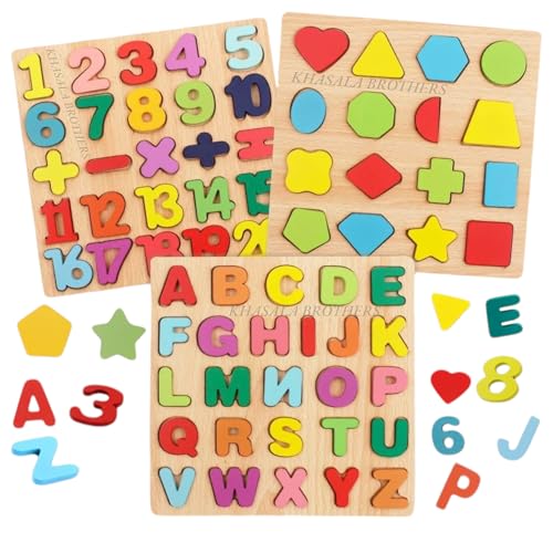 Image of Khasala Brothers Wooden ABCD Alphabet Number Shape Explorative Puzzles Toddler Learning Puzzles,Educational Activity Boards Toys for Child Boys and Girls (3 Pack Set)