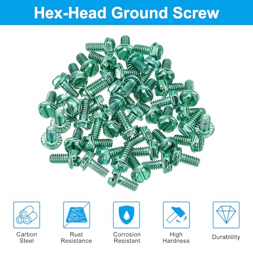 Image of PATIKIL 8-32 x 5 /16 Inch Thread Ground Screws, 50 Pack Green Electrical Grounding Screw Slotted Hex Head Flanged for Home Electrical Lamp