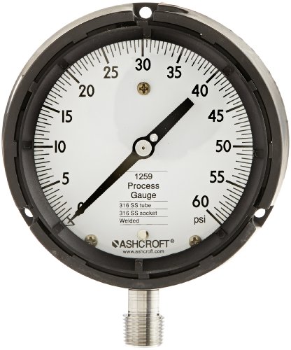 Ashcroft Type 1259 Fiberglass Reinforced Thermoplastic Solid Front Safety Case Dry Filled Process Pressure Gauge, Stainless Steel Tube and Socket, 4.5