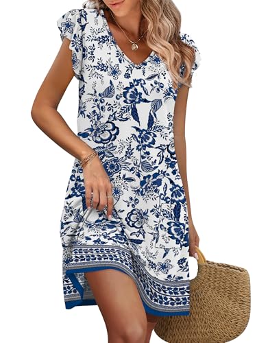 OFEEFAN Womens Summer Dresses 2025 Ruffle Sleeve V Neck Loose Swing Sundresses with Pockets Plain/Print2