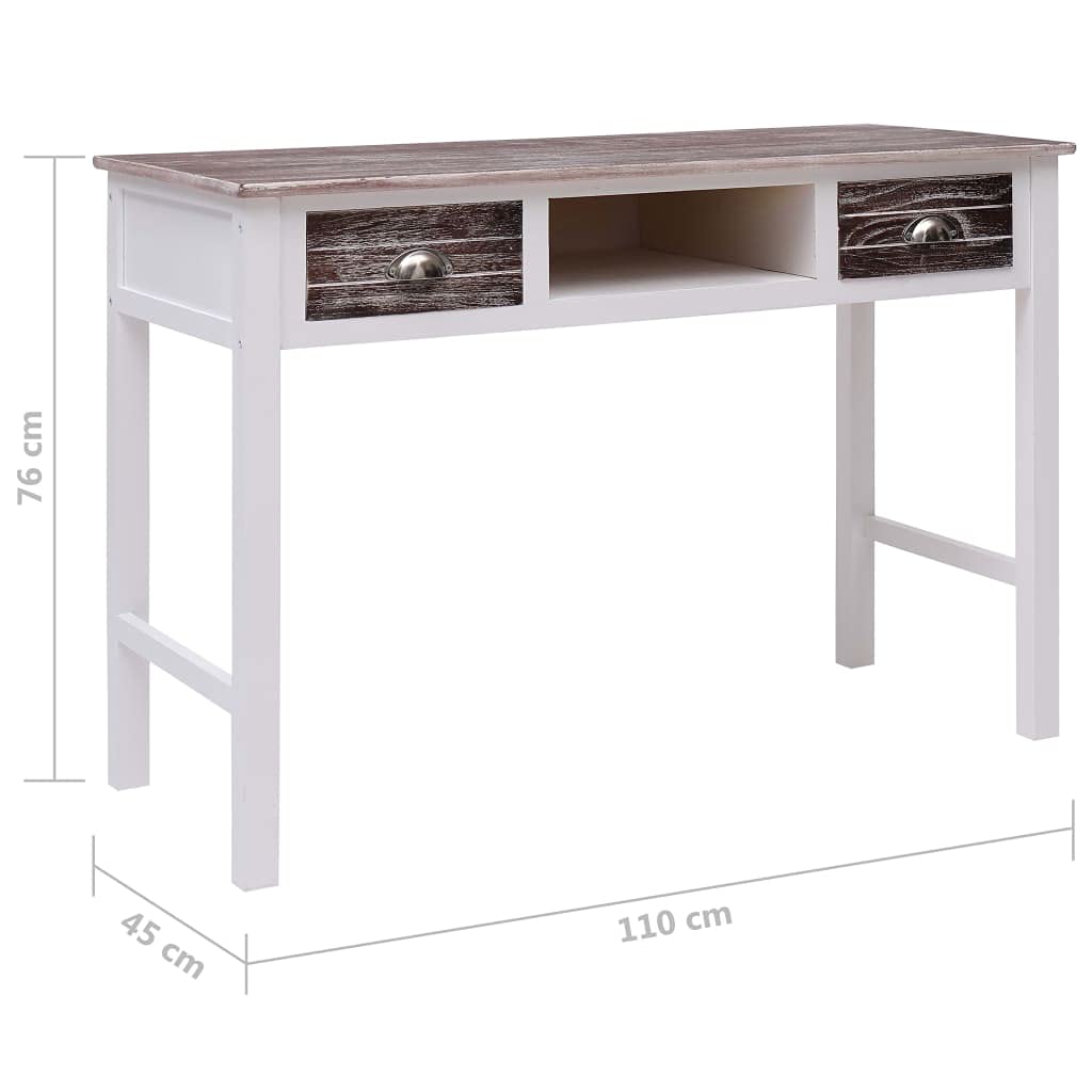 Scrivania marrone 110 x 45 x 76 cm, consolle con 2 cassetti e vano aperto, robusto tavolo per computer per casa, ufficio e camera da letto, design vintage