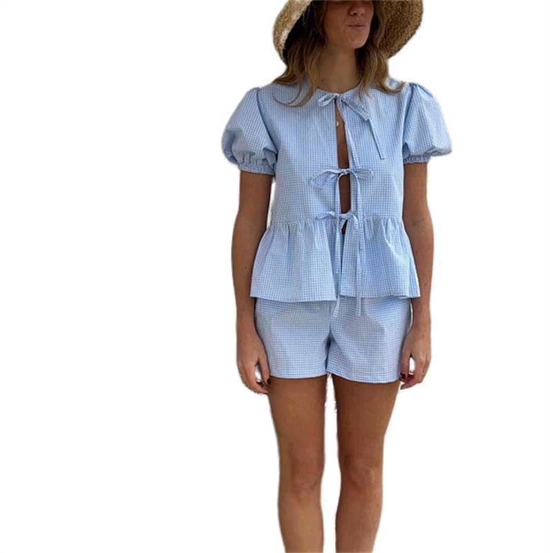 Image of Thopavenoir Women 2 Piece Casual Lounge Sets Y2k Puff Sleeve Peplum Shirt Tie Front Tee Shirt Shorts 2pcs Pajamas Sets