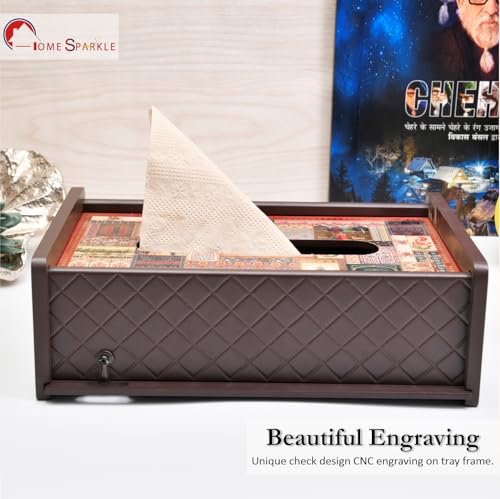 Image of Home Sparkle Tissue Paper Box Holder for Car, Home Decor, Gifting & Office Desk - Rectangular MDF with Elegant Vinyl Print Design - Brown Finish (C7V44)
