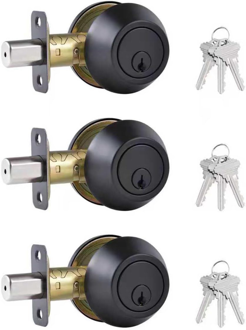 1 Side Keyed Deadbolt Lock,Single Cylinder Dead Bolt, Matte Black Round Exterior Keyed Front Entry Inside Door Deadbolt，3Pack