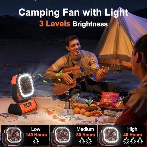 Honesorn Portable Rechargeable Fan 20000mAh, Camping Fan with LED Light & Remote, USB C Cordless Battery Powered, 4 Speeds Timer Hanging Hook for Travel Tent Outdoor Essentials - Orange - Image 6