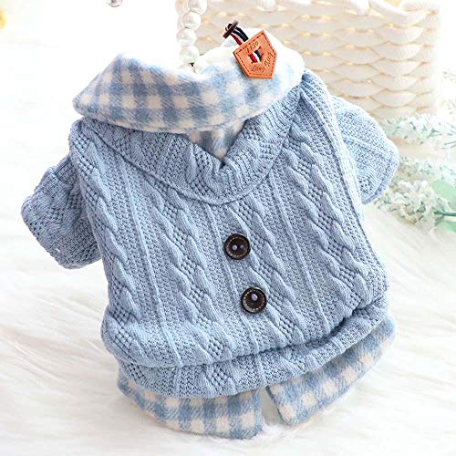 MUBEI Warm Dog Sweater Winter Clothes - Plaid Patchwork Pet Doggy Knitted Sweaters Comfortable Coats for Cold Weather, Fit for Small Medium(S,Blue)