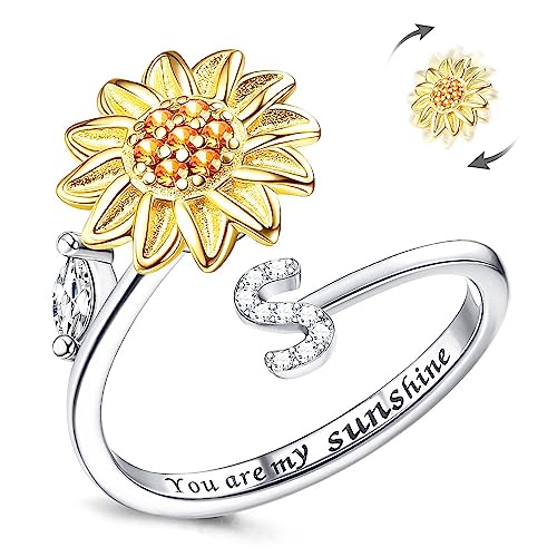 Kucheed Anello Fidget Per Donna, Anello Spinner Regolabile Con Girasole, Cerchio Con Lettera Di Ansia Antistress Impilabile in Argento, Inciso 'You Are My Sunshine'All Interno Del Gioiello(S)