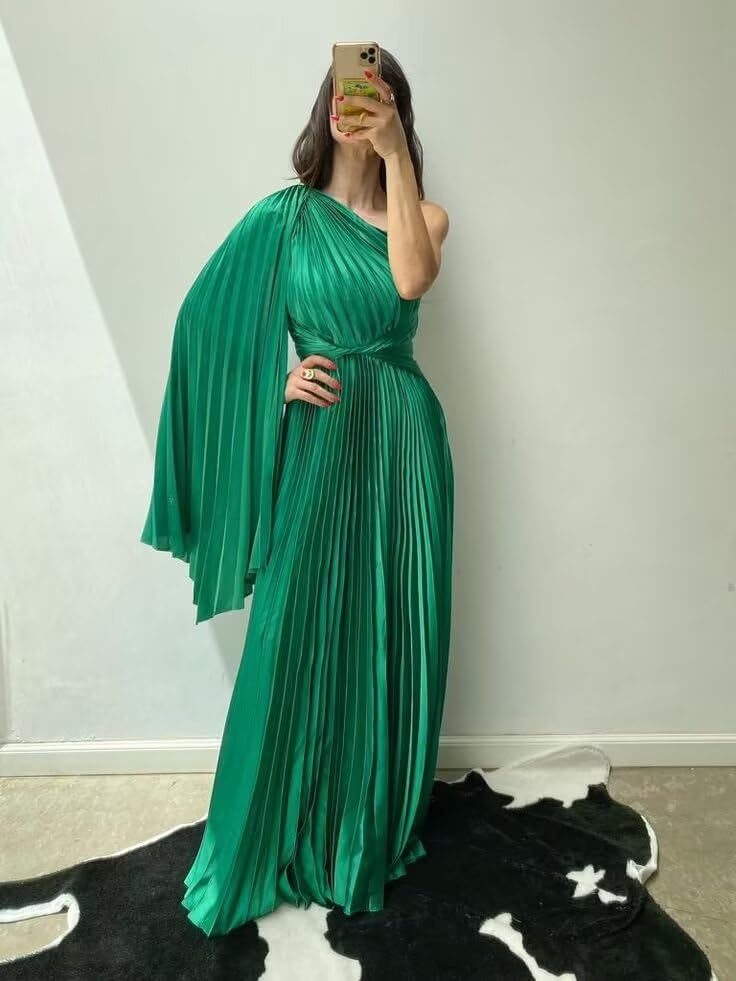 Stylefun Women's Satin A Line Bridesmaid Dresses with Pleated Long One Shoulder Formal Cocktail Party Dress CYM3833