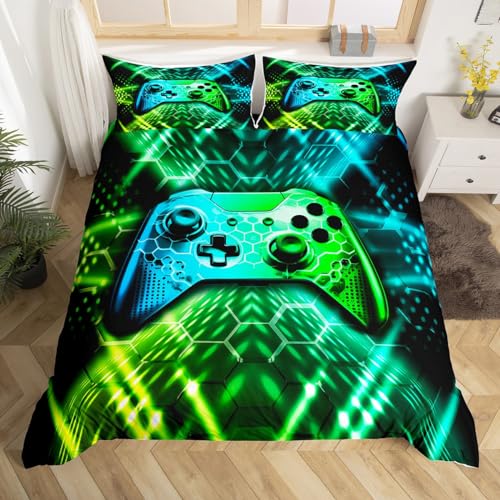feelingyou Gamer Bedding Set,Honeycomb Gamepad Comforter Cover Set for Teens Kids Boys Room Decor,Blue Green Neon Duvet Cover Breathable Video Games Reversible Bedspread Cover Double Size