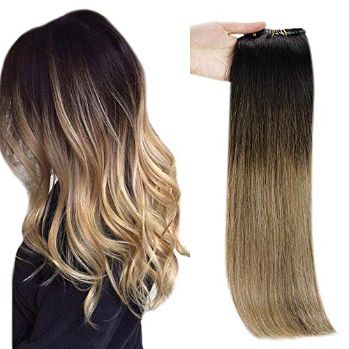 Full Shine Clip in Hair Extensions Human Hair Dark Roots Real Natural Hair Clip ins Off Black Ombre Brown Mixed Blonde Invisible Clip in Extensions for Women Pu Weft 8Pcs 120 Grams 18 Inch