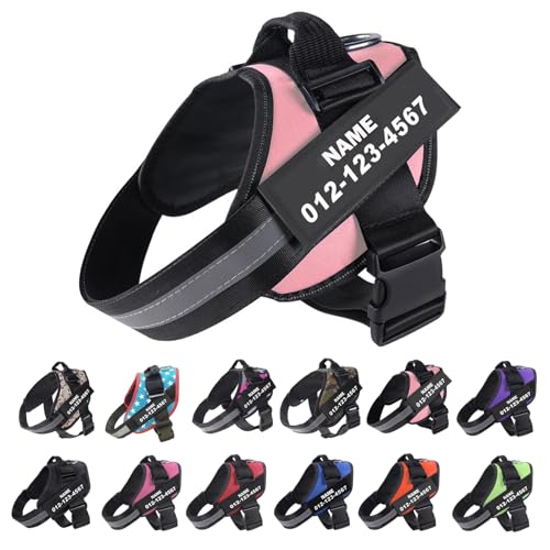 Arnés para perro sin tirones personalizado - con nombre y número de teléfono, chaleco reflectante ajustable para evitar tirones y ahorcamiento, para entrenamiento y paseo de perros pequeños, medianos