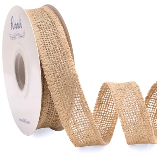 Ribbli Jute Burlap Ribbon 1 Inch x 10 Yard,Natural Solid Ribbon for Crafts,Gift Wrapping,Wreath,Tree Decoration,Outdoor Decoration(Non-Wired)