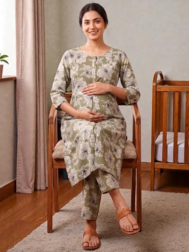 Image of RITIJYA Pure Cotton Feeding Kurta Pant Set for Women | Floral Anarkali Pregnancy Dress with Concealed Nursing Zipper Side Pocket | Pre & Post Partum | Maternity Dresses | Baby Shower Outfit