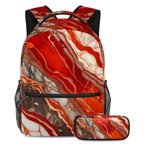Trousse et sac à dos scolaire marbre rouge pour fille et garçon de grande capacité