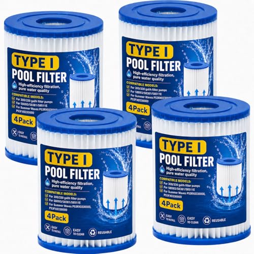 KGC Type I Pool Filter Cartridge, 3.1 x 3.5 inch Size 1 for 58093, Replacement Filter Cartridge for 300/330 Gal/H Filter Pump, for Summer Waves Above Ground Pool Pump, 4 Pack