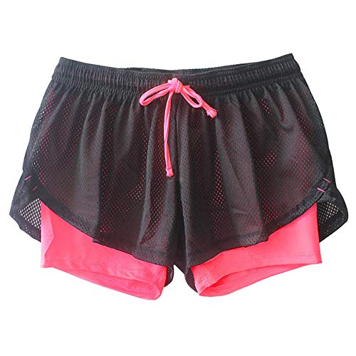 Fansi - Pantalones cortos deportivos para mujer, de doble capa, para yoga, correr, para verano, deporte, poliéster, color rojo rosa, poliéster, rojo rosado, medium