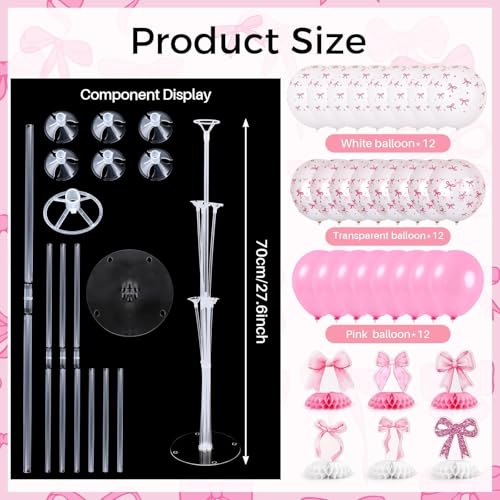 Image of 6 Set Pink Bow Birthday Decoration for Table Baby Girl Shower Decorations Pink Bow Balloon Table Centerpiece with Balloons Stand Kit Honeycomb Centerpiece for Girls Birthday Wedding Party Supply