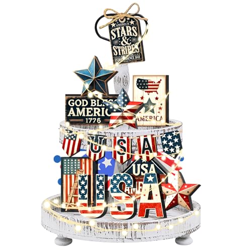 kauomi 18 Pcs 4th of July Tiered Tray Decorations Set - Fourth of July Decorations, Independence Day Decorations, American Patriotic Wood Tiered Tray Decor for Table, Party, Home, Office