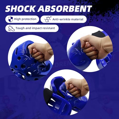 JHOFIF Martial Arts Karate Protective Sparring Gear Package Deal/Gift Adjustable Adult & Youth Headgear, UZJ Gloves & Kicks for MMA, Taekwondo, Boxing Training (Blue, Large)