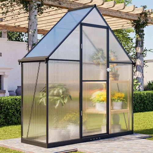 BIRCHTREE 6X2FT Walk-In Greenhouse Outdoor, Polycarbonate Green House Aluminium Frame, Integrated Rain Gutters, Rainproof Snow&Frost Protection for Garden Plants Steeple Plastic Grow House Dark Grey