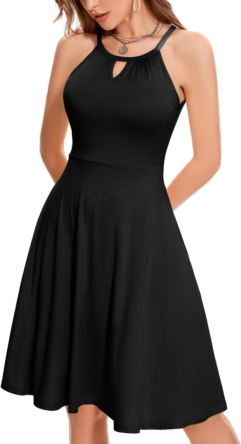 ANYFITTING Built in Bra Halter Dresses for Women 2025 Summer Pockets Dress Flowy Midi Sundresses Beach Vacation - Image 4